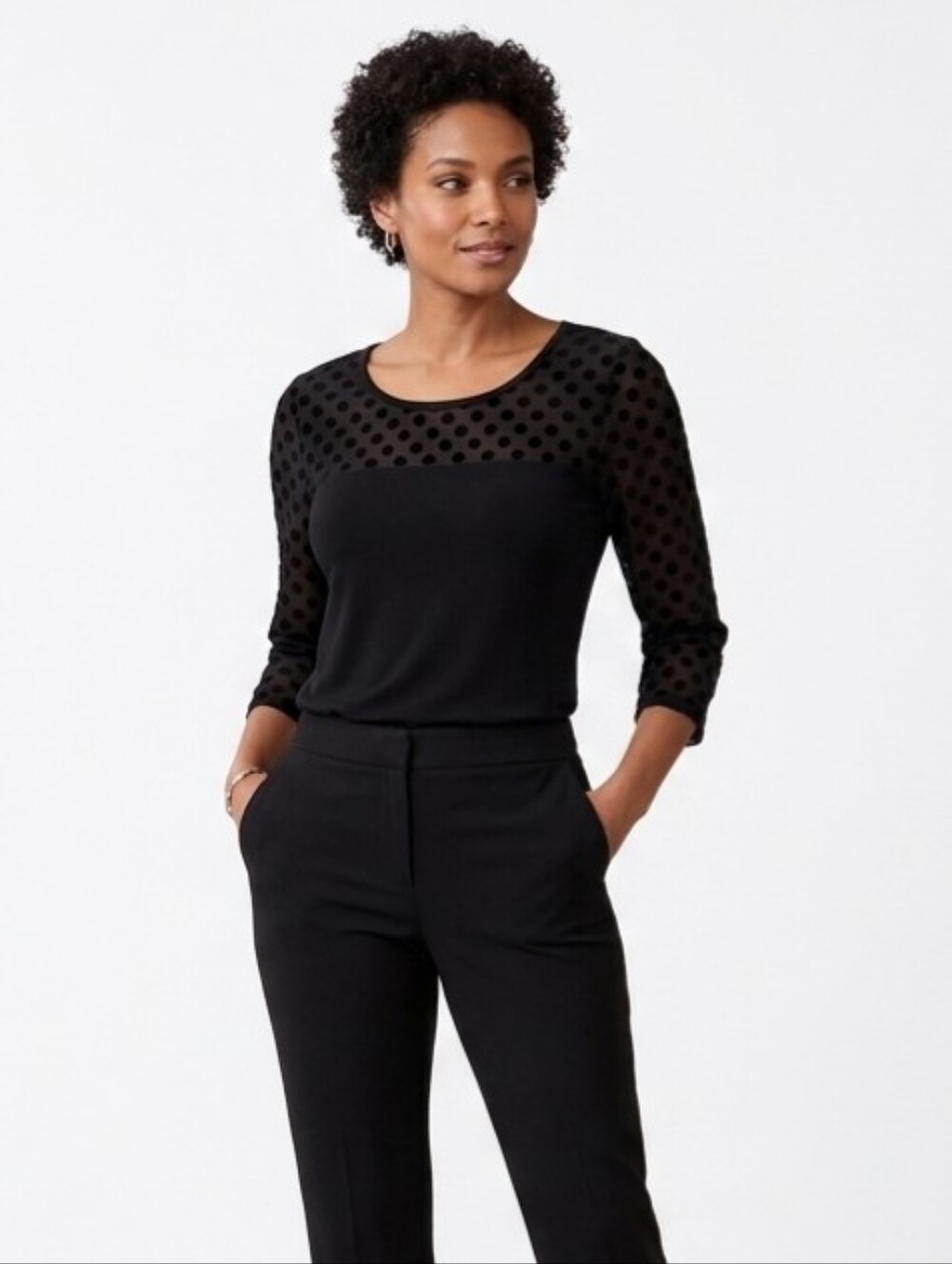 August Silk Illusion Mesh Sleeve Panel Polka Dot 3/4 Sleeve Blouse Black Size M